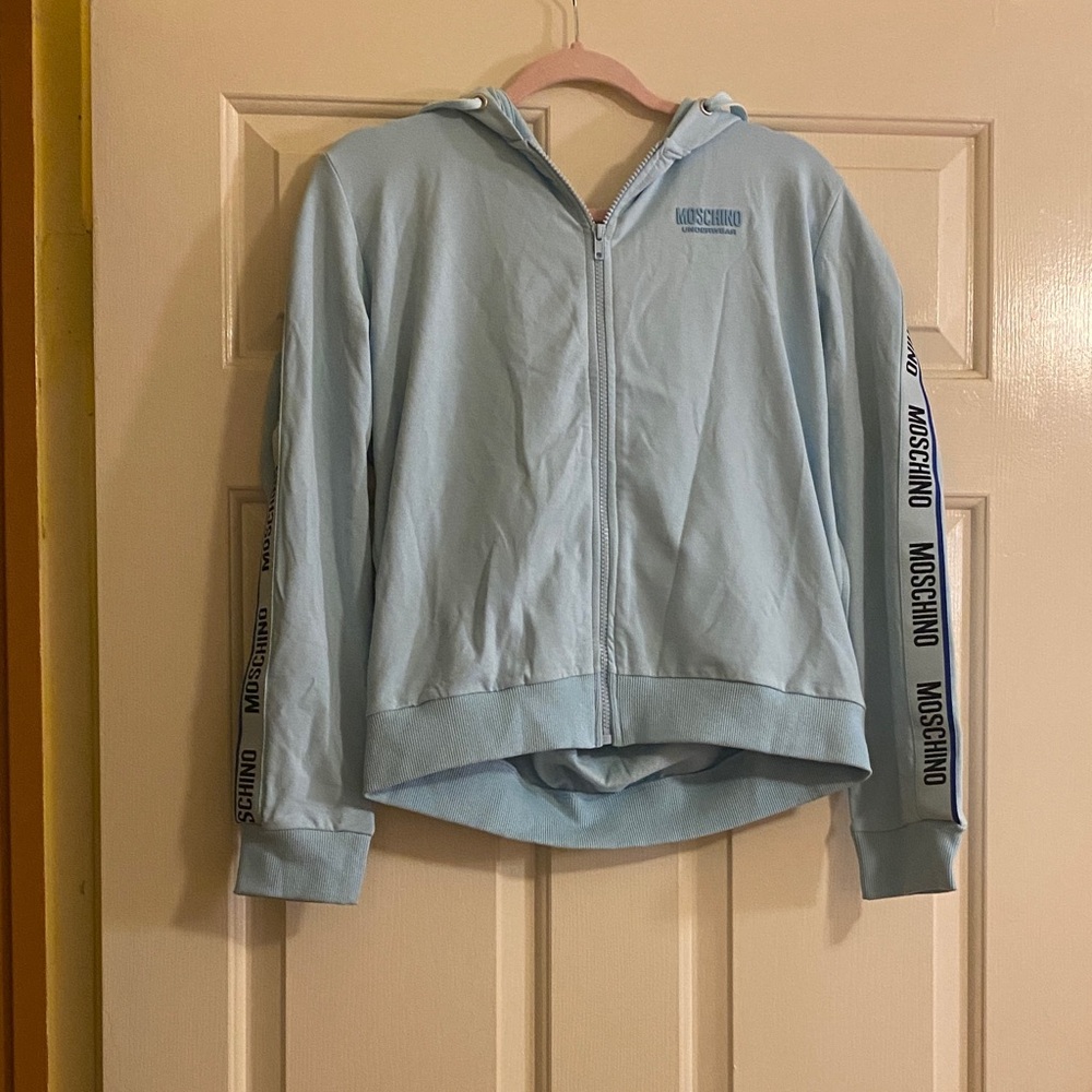 NWT Moschino Sky Blue Logo Hoodie, Size M